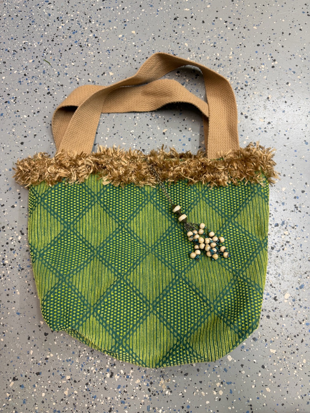 Green Patterned Woven Tapestry Tote Bag with Bead Accent